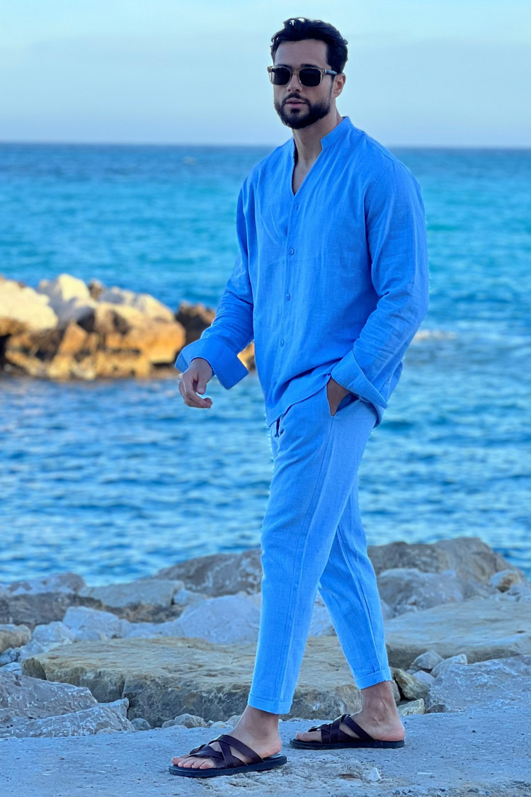 Ensemble 2 pièces chemise + pantalon effet lin bleu clair