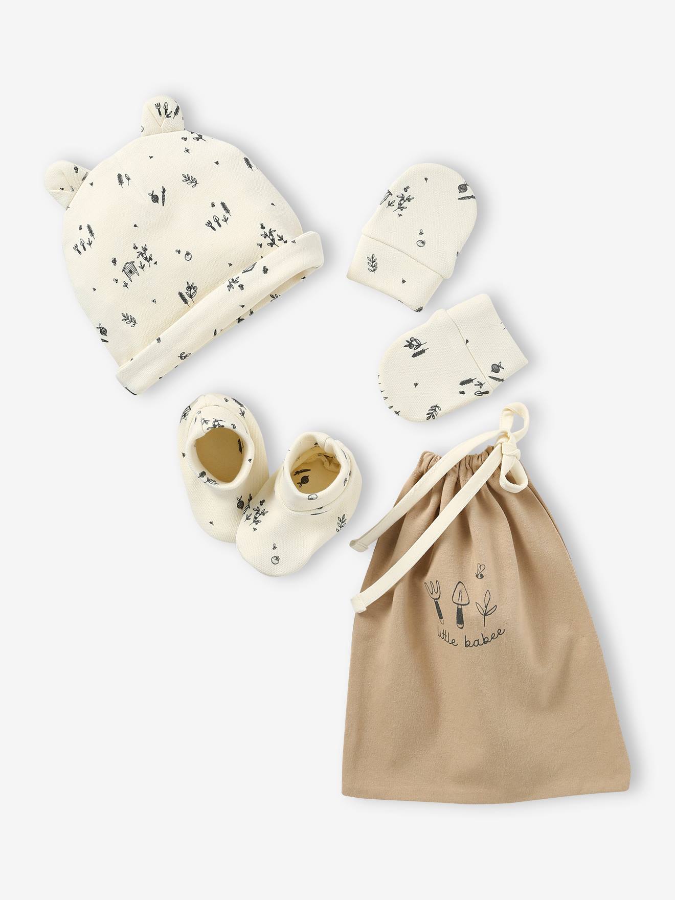 Conjunto para recém-nascido: gorro + luvas + sapatinhos + bolsa de tecido cru