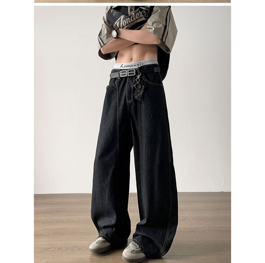 Filmas - Mid Rise Contrast Stitched Washed Wide Leg Jeans