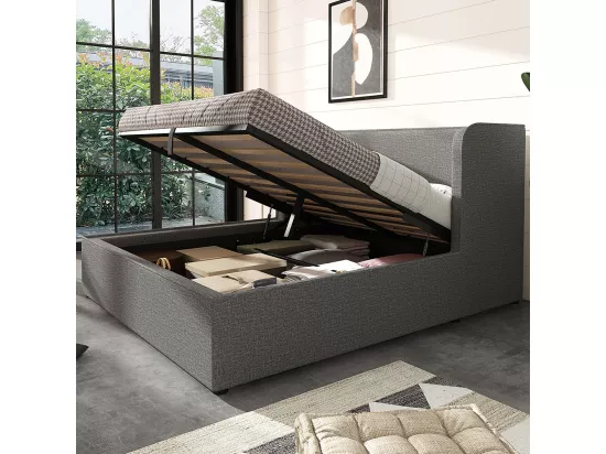 Lit double capitonné 160 x 200 avec larges étagères latérales et housse de sommier amovible, lin, gris