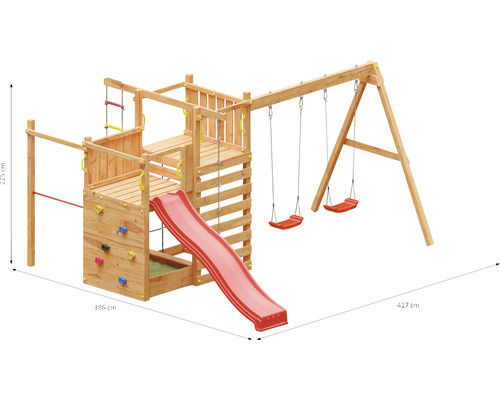 Marimex Play 021 speeltoren, hout en metaal, natuurlijke afwerking, inclusief basistoren, laddersporten, klimtouw, 2 schommelsets, glijbaan, klimwand, klimgrepen, platform en touwladder.