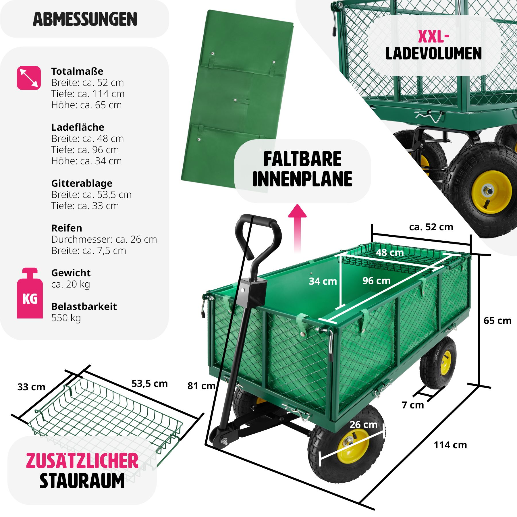 tectake® Bollerwagen, mit klappbaren Seitenwänden, leichtgängige Lenkachse mit gepolstertem Griff, Belastbarkeit 550 kg