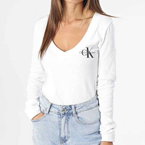 Tee Shirt Manches Longues Col V Femme 2023 Blanc