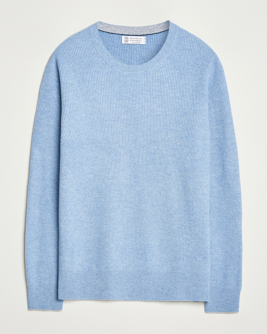 Brunello Cucinelli Cashmere Rib Crew Neck Sweater Light Blue