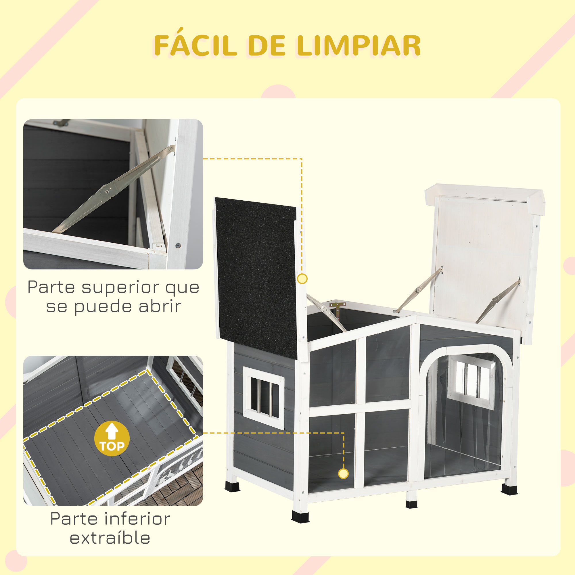 Casinha de madeira para cães PawHut, 101x66,5x70,5 cm, com telhado articulado, frente em acrílico, porta com cortina e fundo removível, cinza escuro.