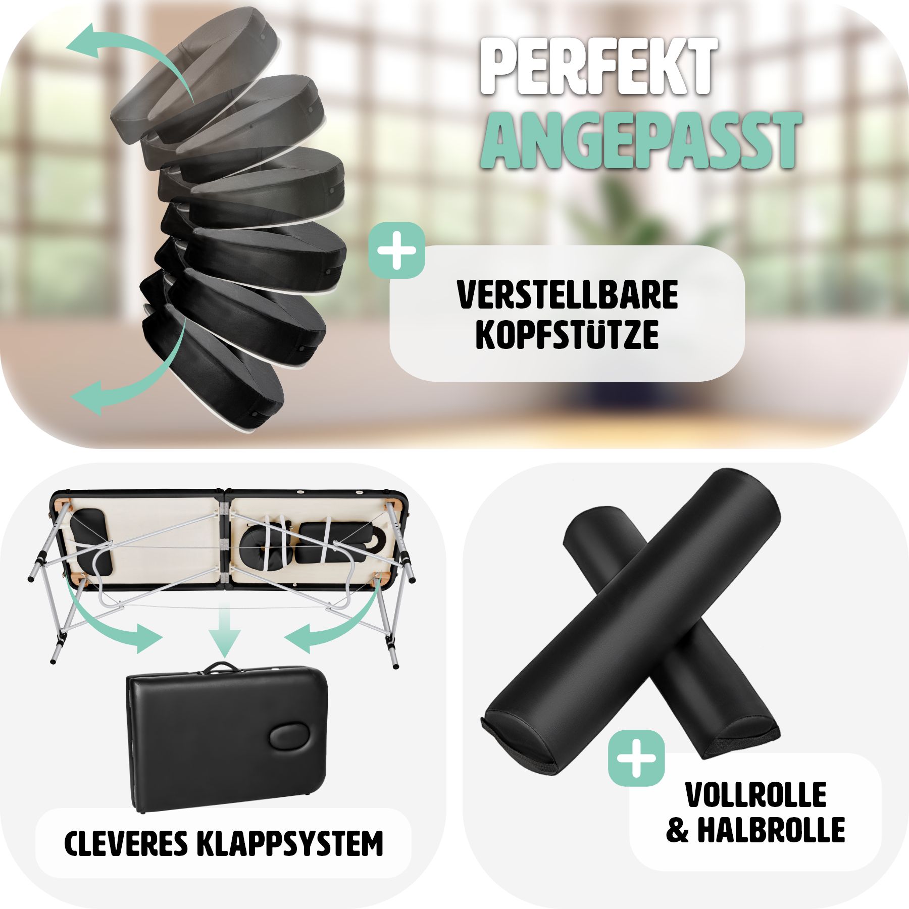 tectake® 2 Zonen Massageliege, inklusive Lagerungsrollen und Tragetasche, klappbar und höhenverstellbar, 210 x 95 x 63 - 89 cm