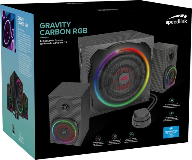 Speedlink 2.1 Soundsystem »GRAVITY CARBON RGB Subwoofer System aus Holz mit Bluetooth« 2.1 (Bluetooth Lautstärkeregelung 120 W) 60 W RMS, 120 W Spitzenleistung, 3,5mm Klinke, AUX, Tischfernbedienung