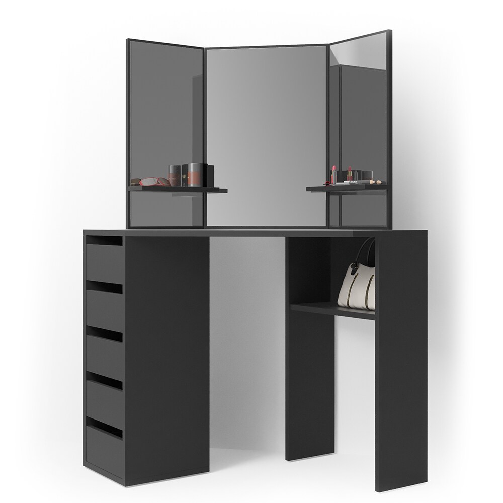 Vicco Eckschminktisch Frisiertisch Schminkkommode Arielle Schwarz Spiegel 110x145 cm modern Schlafzimmer Kommode Schublade Ablage Aufbewahrung Kosmetiktisch Schminkkonsole Make-Up-Tisch