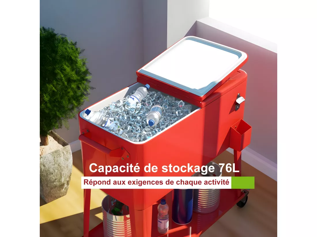 Desserte de Jardin à Roulettes 76L en Fer Solide avec Ouvre-bouteille pour Conserver la Glace et Boissons pour Fête/Terrasse