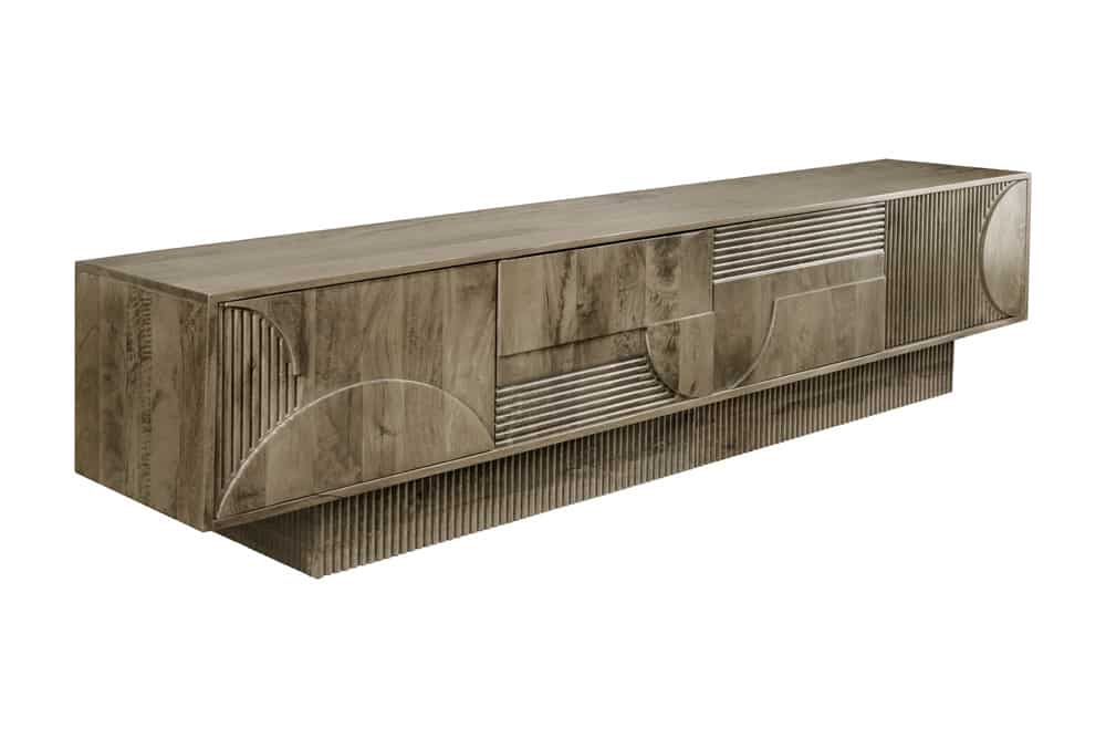 Massives TV-Board ART DECO 200cm grau Mangoholz Lowboard 3D-Front