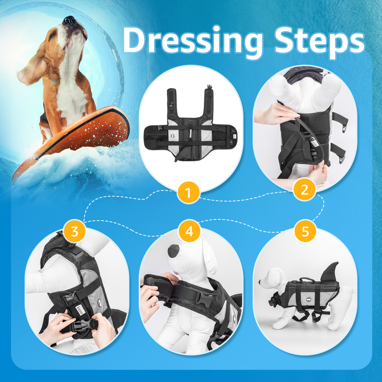 Nobleza - Colete salva-vidas para cães com barbatana de tubarão, boia para cães com faixas refletoras, colete de natação para cães com alça e alta flutuabilidade para natação, surfe e vela, cinza (G)