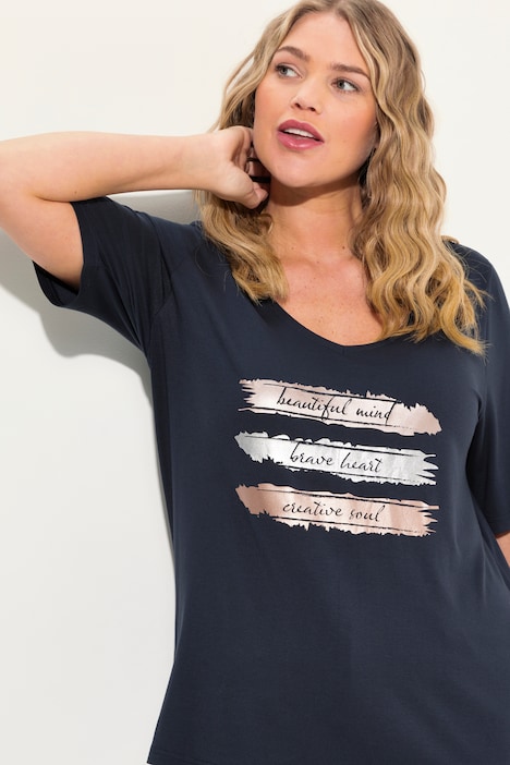 T-Shirt, Metallic-Druck, Slim, V-Ausschnitt, Halbarm