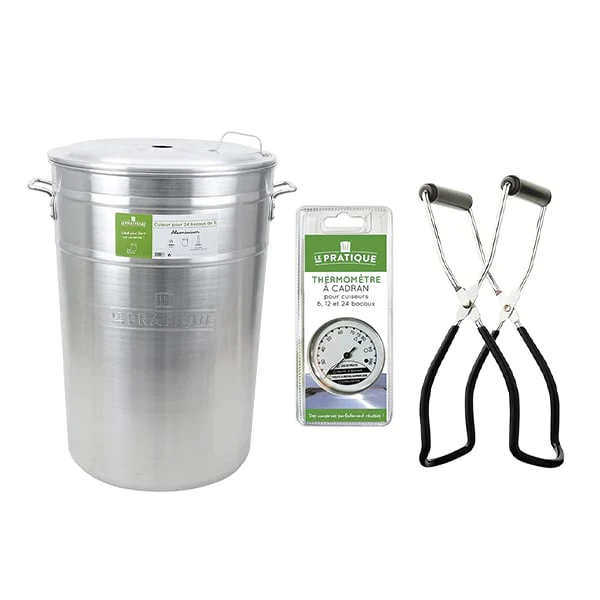Lot cuiseur 90 L 24 bocaux avec thermomètre à cadran et pince à bocal