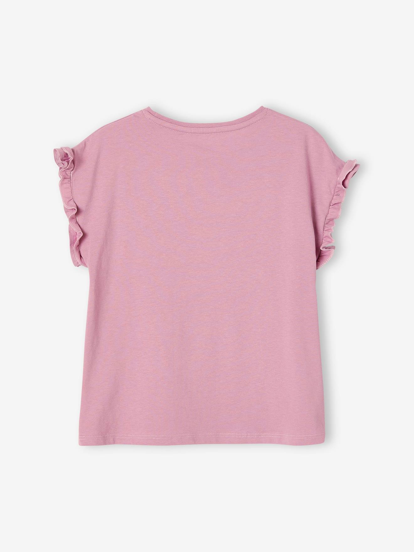 Camiseta infantil bege de manga curta com estampa iridescente e babados.