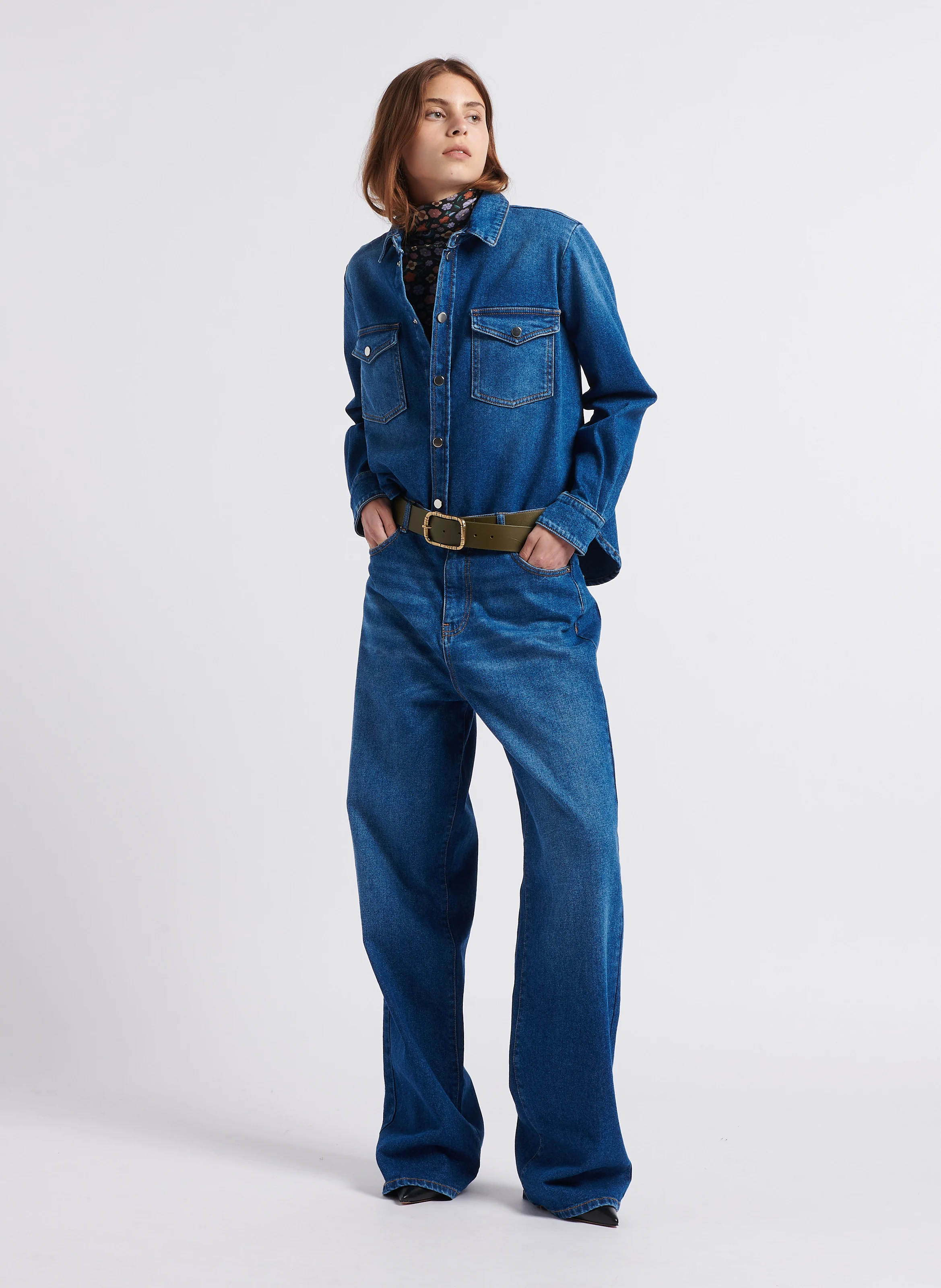 TOPAZE - Chemise droite col classique en denim stretch| Bleu