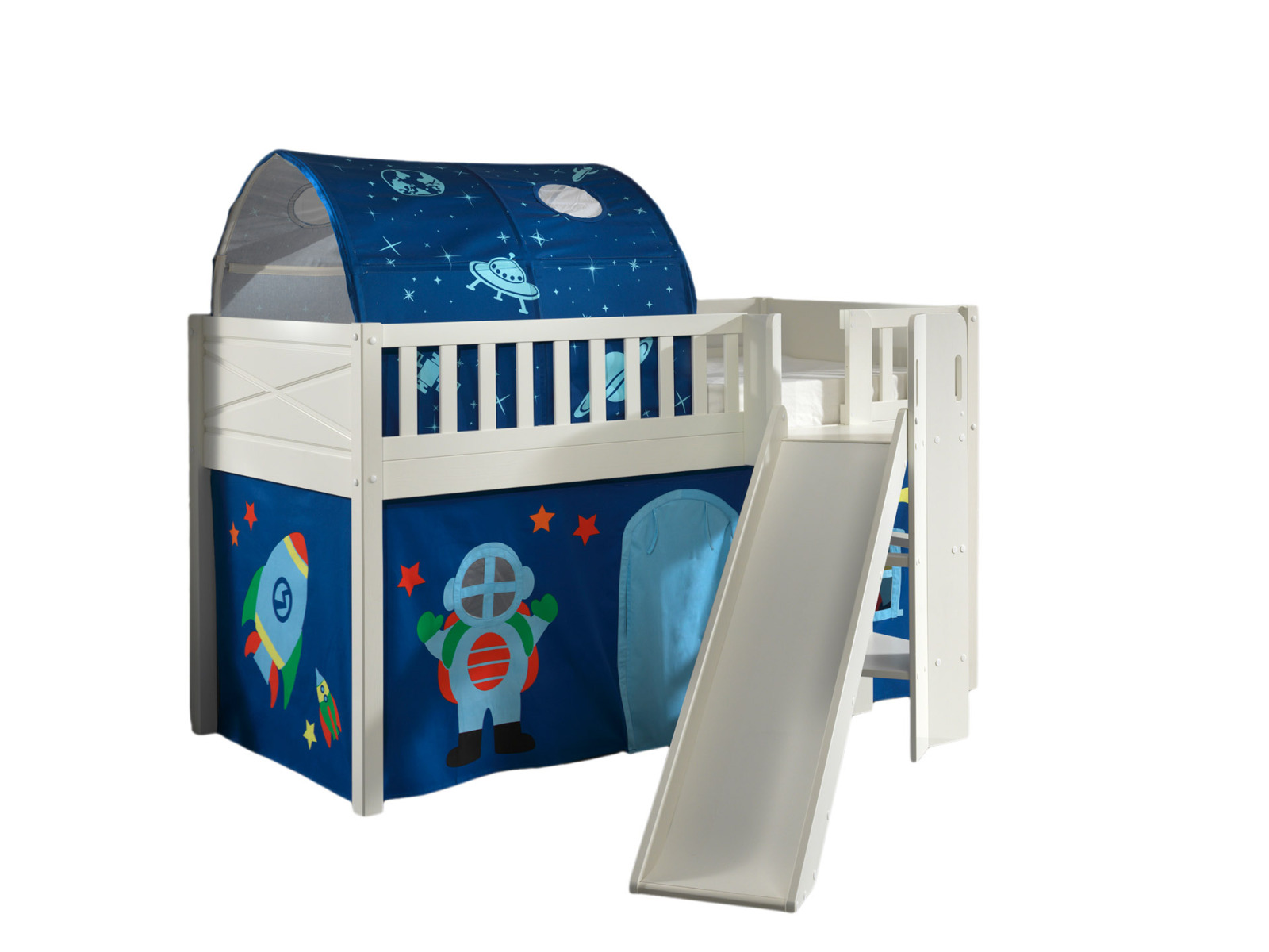 Spielbett SCOTT - weiß - Astro - mit Rutsche - Vorhang, Leiter und Tunnel - 90x200 cm
