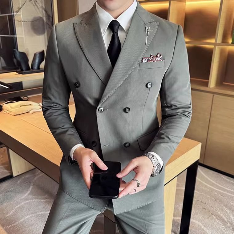 Blueforce - Set: Blazer met dubbele rij knopen en hoge revers + vest + rechte broek met hoge taille