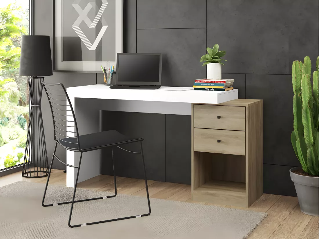 Bureau d'angle - 2 tiroirs et 2 portes - Coloris : Blanc et chêne - EVAN
