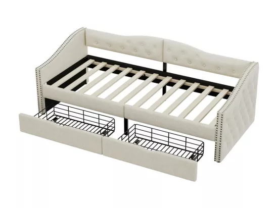 Lit banquette 90x200cm avec 2 tiroirs - tissu en lin - Blanc