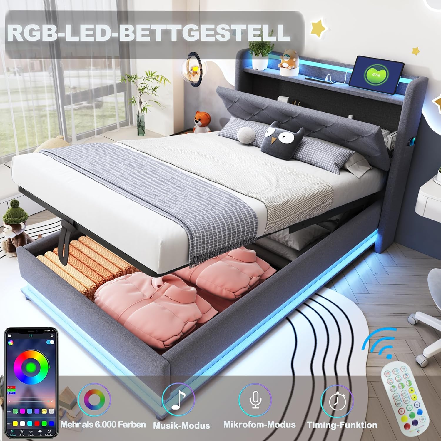 Merax Kinderbett Polsterbett 90x200 cm Einzelbett mit hydraulischem Bettkasten, LED Beleuchtung & USB Type-C, aufklappbarem Kopfteil & Handytaschen, Leinenstoff Grau, ohne Matratze