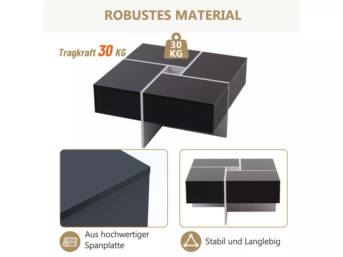 Table basse coulissante avec 4 compartiments cachés - 70 x 70 x 35 cm - panneaux de particules - noir