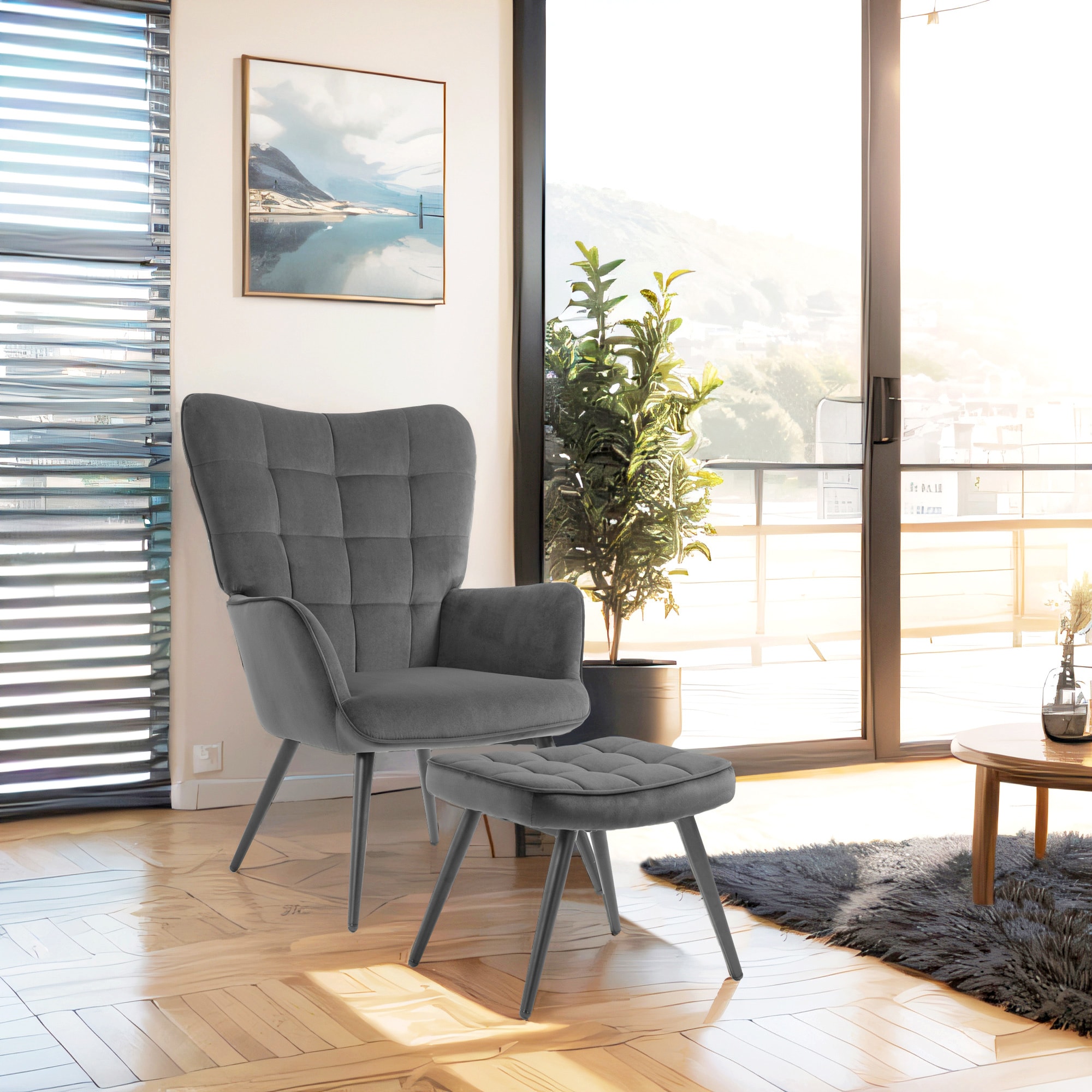 HOMCOM Polsterstuhl mit Fußhocker grau 73L x 77,5B x 98H cm
