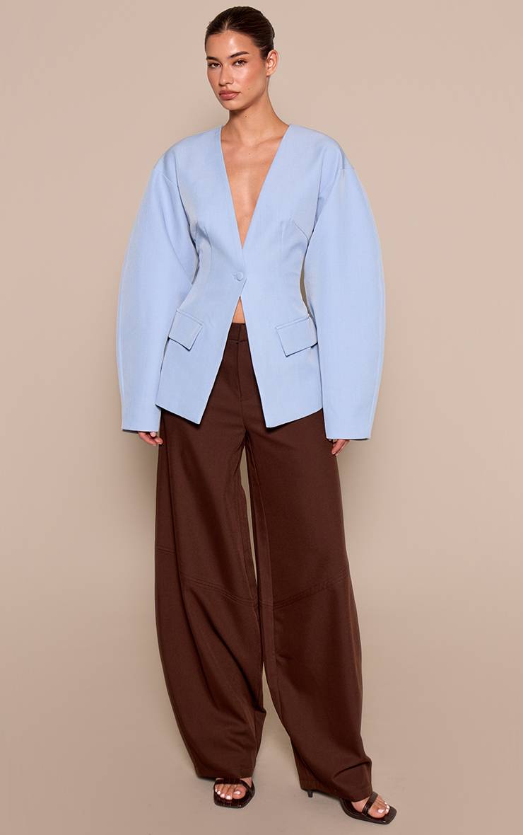 Bleu Pâle Blazer À Taille Cintrée Manches Cocon Avec Poches