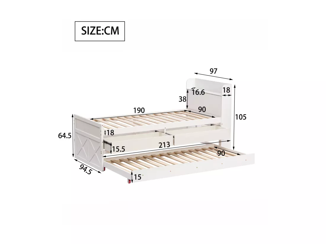 Lit gigogne avec 2 tiroirs - 90 x 190 cm - étagères de rangement et prise USB - bois massif -blanc