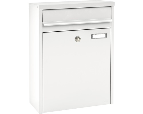 MEFA brievenbus, gepoedercoat staal, BxHxD 345/470/170 mm, Piano 350, verkeerswit RAL 9016 glanzend, met naamplaatje en klep