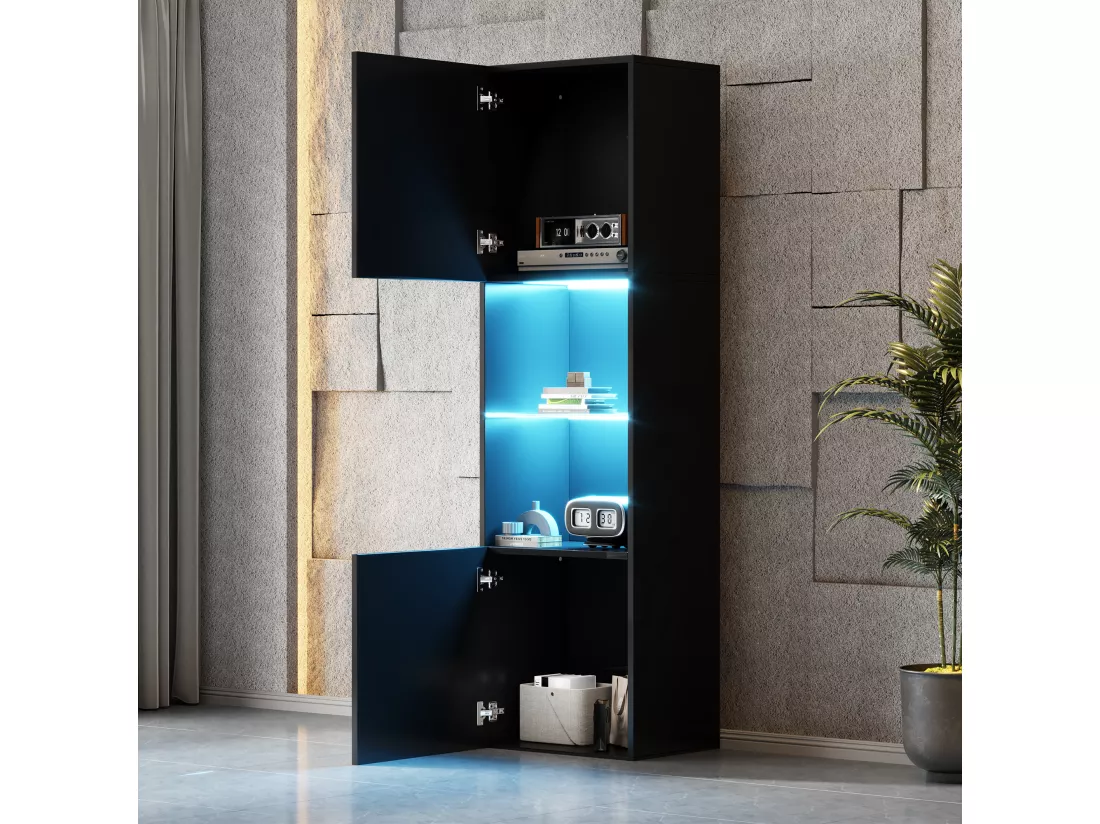 Vitrine 45x35x160cm - avec 2 ports - avec éclairage LED - 1 étagère en verre - noir