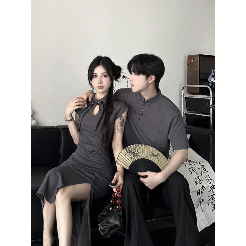 Azure - Koppel bijpassende pet-mouw effen uitsparing gerimpelde kikker knoopsluiting midi mantel qipao / elleboogmouw opstaande kraag T-shirt / wijde pijpen pak broek / set