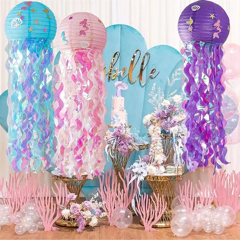 (2er Set) Papier Lampion Party Deko Qualle Lampion - Blau