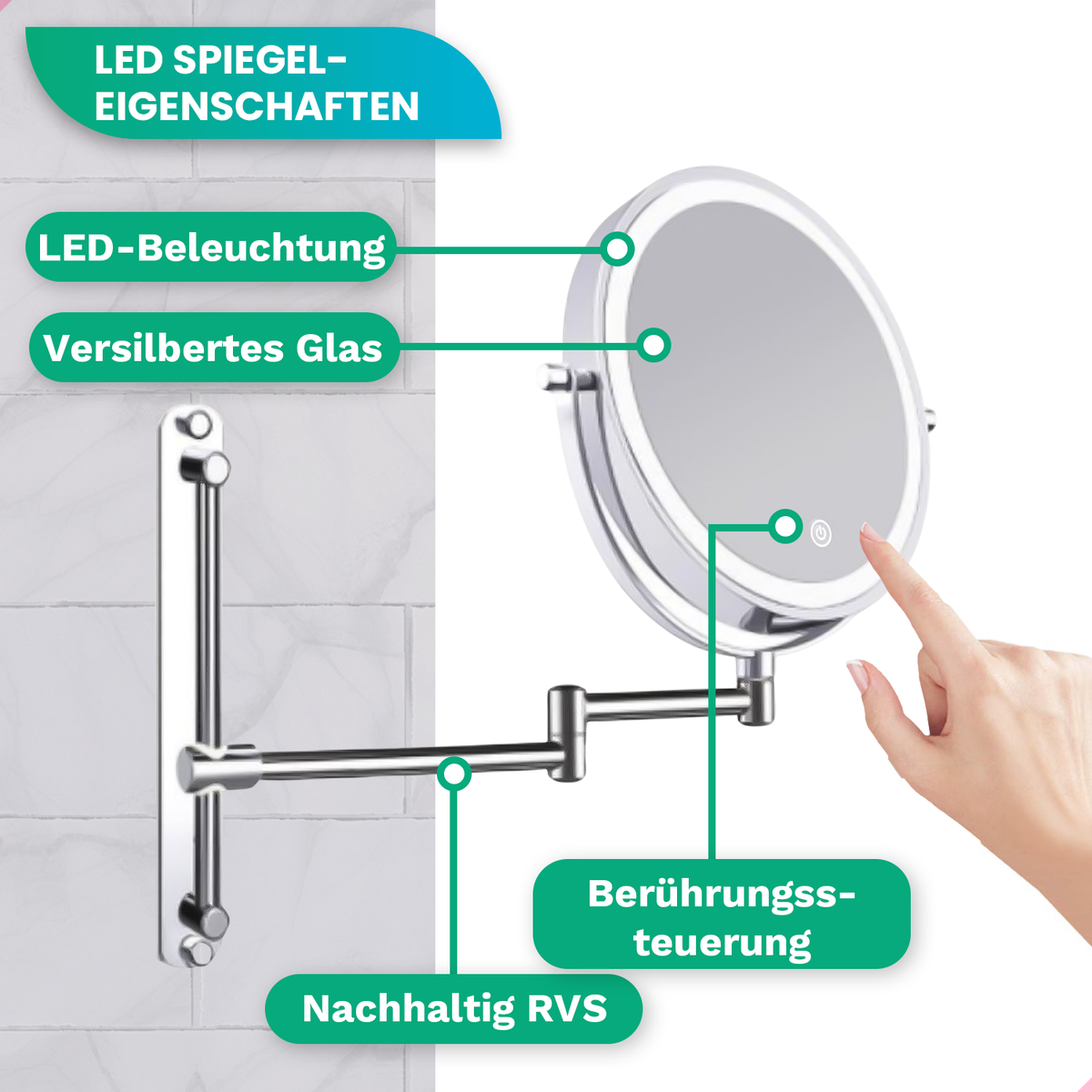 Mirlux Make-upspiegel met LED-verlichting, cosmetische spiegel 7x vergroting rond wandmodel chroom