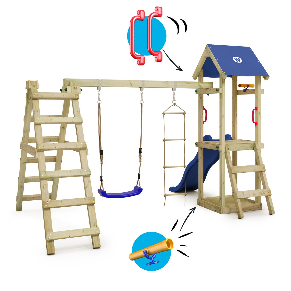 WICKEY TinyLoft Speeltoren Klimrek met Schommel en Glijbaan, Klimtoren met Zandbak, Ladder en Speelaccessoires - Blauw