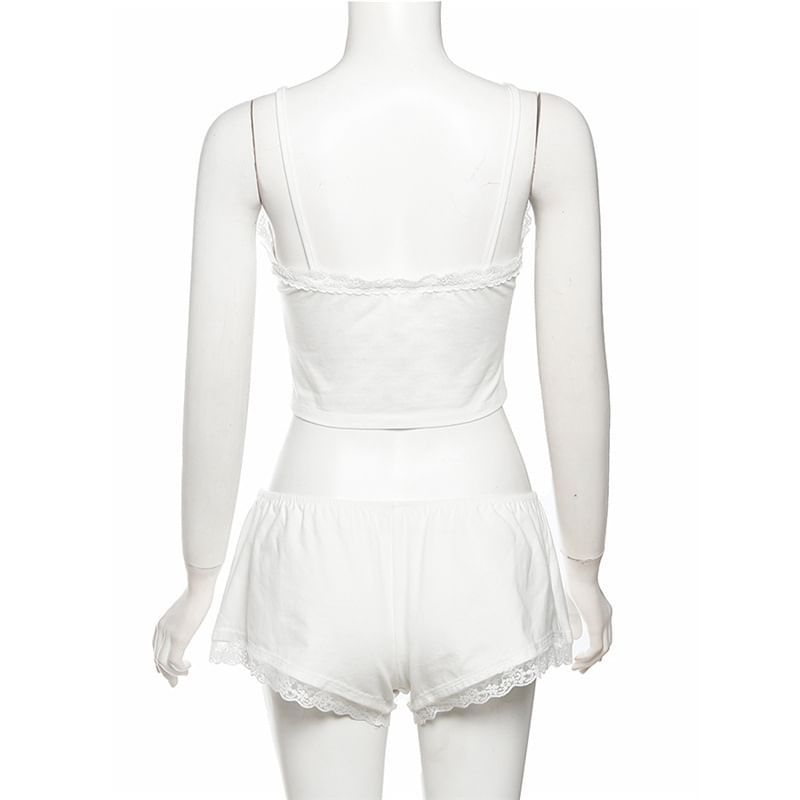 HERMITAKH - Pyjamaset: V-hals camisole top met bloemenborduursel en kanten rand + elastische taille shorts