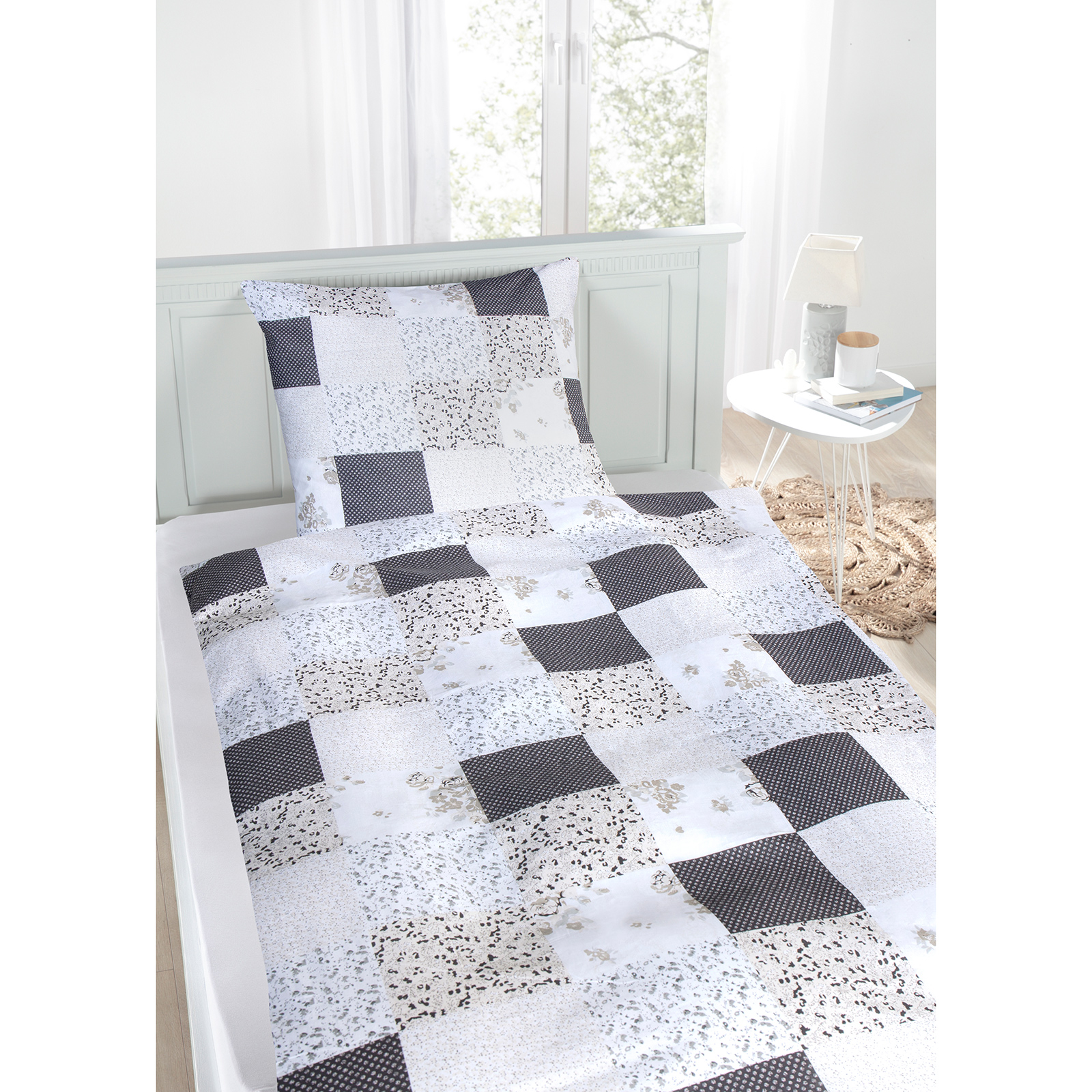 Baumwoll-Bettwäsche - weiß-grau - Patchwork - 135x200 cm