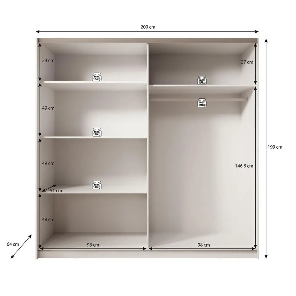 Meubella - Kledingkast Boets - Zwart - Eiken - 200 cm - Met spiegel
