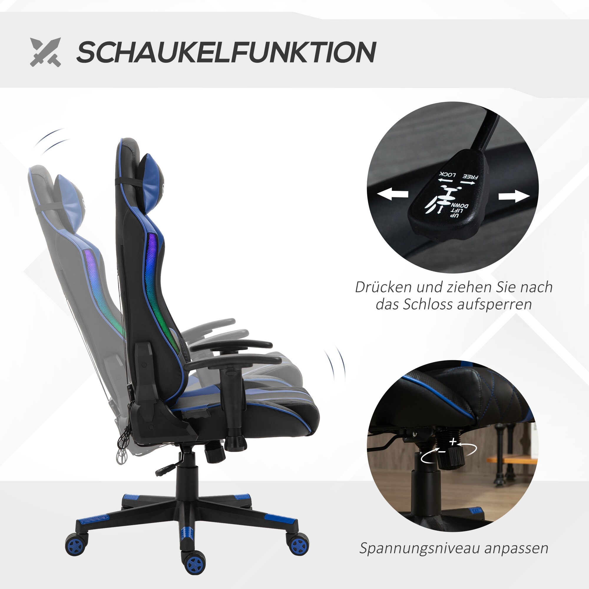 Vinsetto Gaming Stuhl mit LED-Beleuchtung schwarz, blau 70B x 57,5T x 126-136H cm