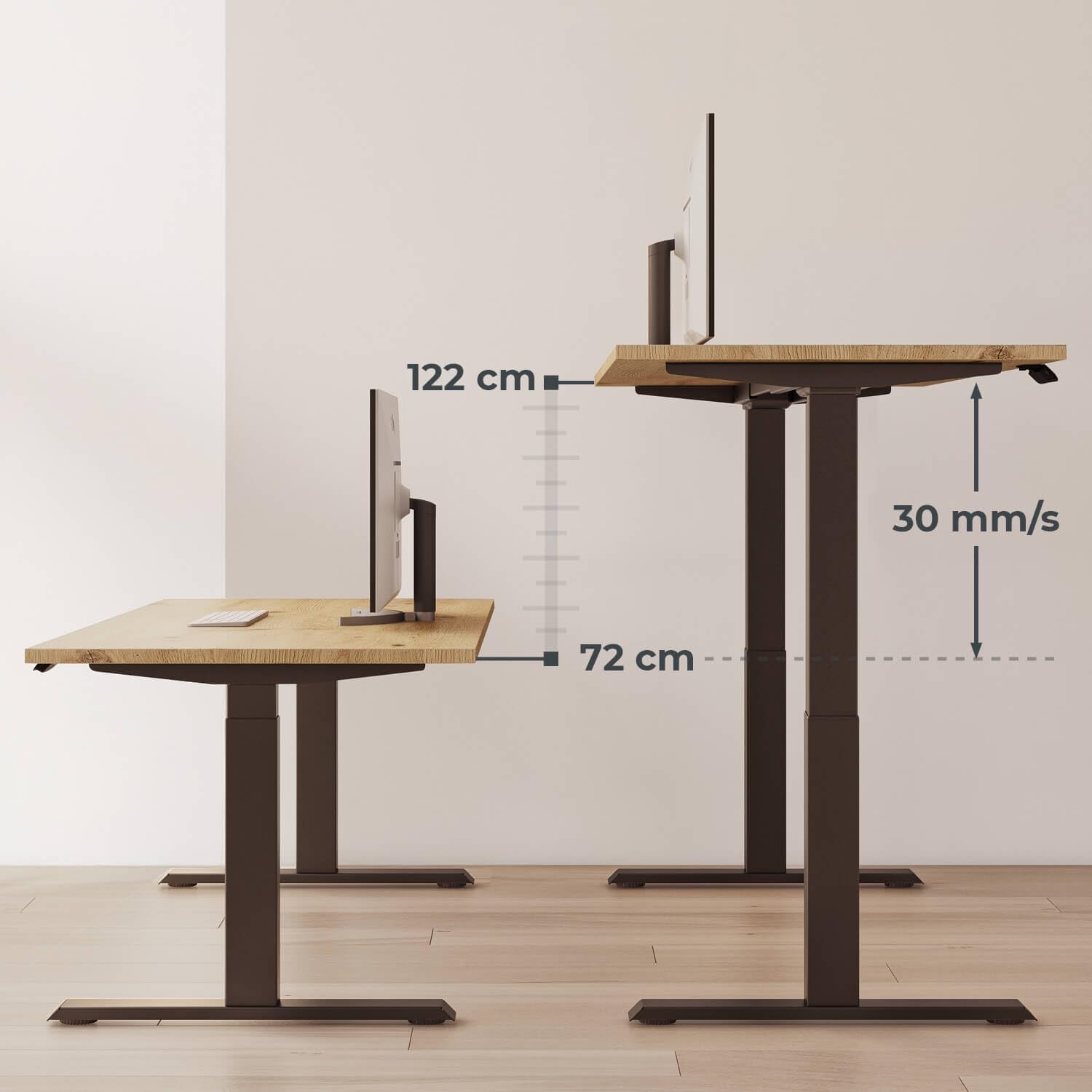 Höhenverstellbarer Schreibtisch auf Maß - inkl. 2,5 cm starker, maßgefertigter Tischplatte - 2- oder 3-stufiges Gestell, OLED-Touchpanel (Artisan Eiche & Grau, 2-stufig, 110 x 60 cm)