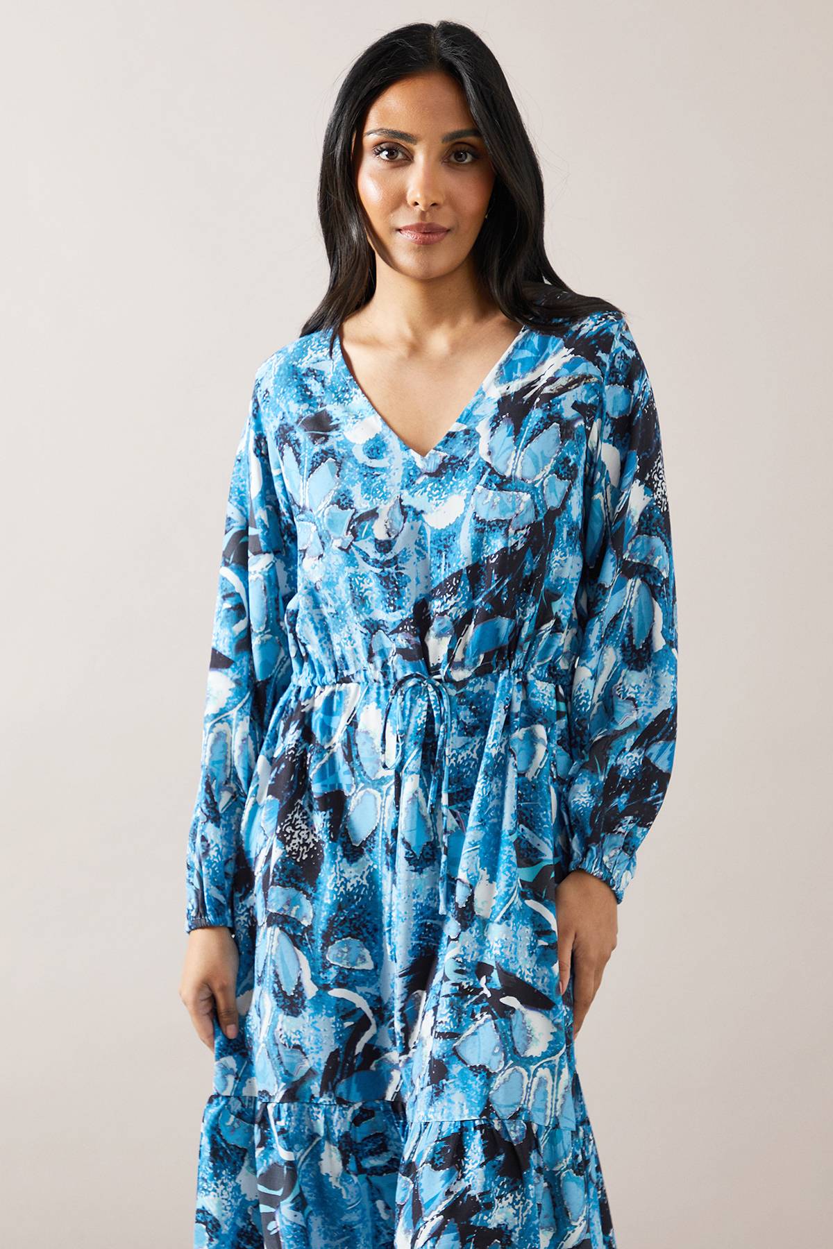 Wallis Robe Mi-Longue en Viscose à Cordon de Serrage Motif Abstrait Bleu Petite
