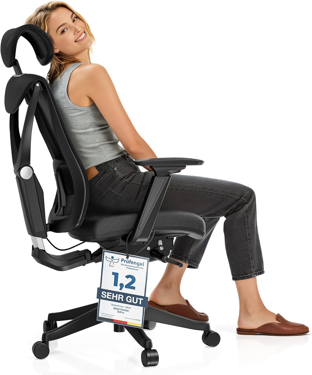 Desktronic Verstellbarer ergonomischer Bürostuhl | Schreibtischstuhl mit Lendenwirbelstütze - rückenfreundlich- Computerstuhl höhenverstellbar & rückenschonend - breites Polster SitPro (Schwarz)