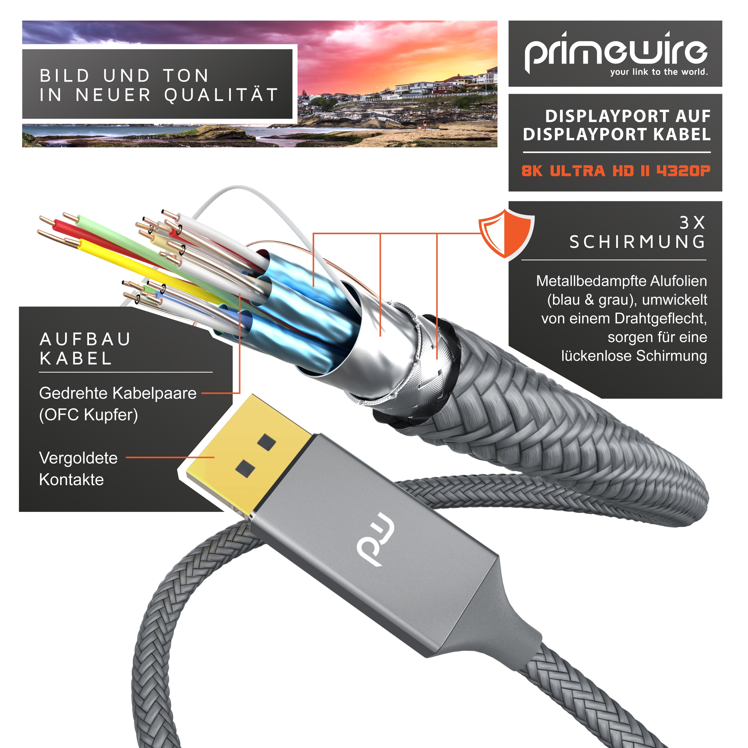 Primewire Premium DisplayPort auf DisplayPort Kabel mit Nylonummantelung 8K 7680 x 4320 @ 60 Hz mit DSC - 1m