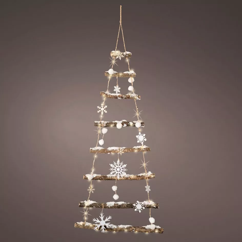 Sapin à suspendre en bois illuminé à piles (H100 cm) Flocons Blanc chaud