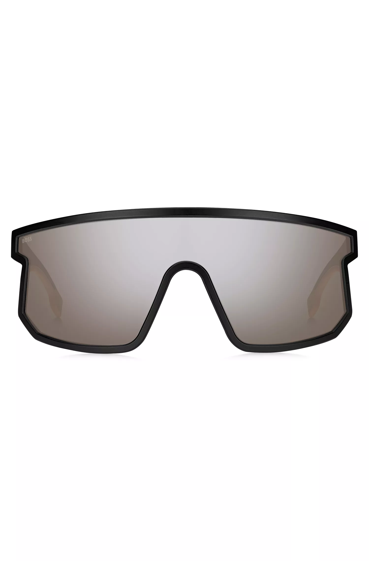 Óculos de sol BOSS estilo máscara, na cor preta, com hastes personalizadas com a marca.