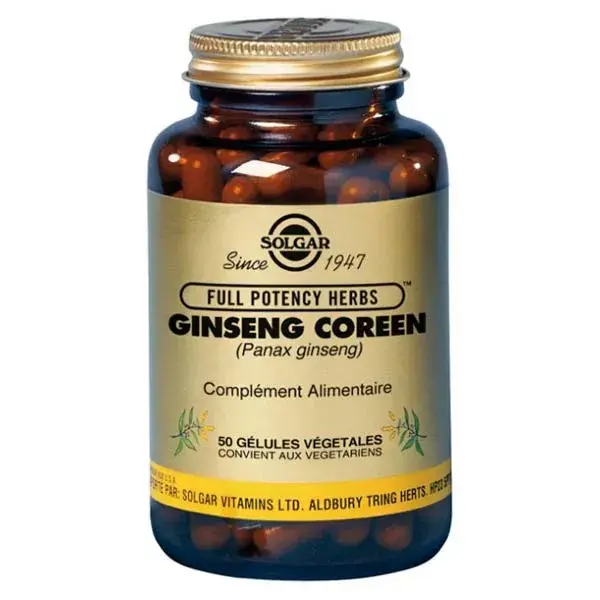 Cápsulas vegetais de Ginseng Coreano Panax da Solgar, 50 unidades.