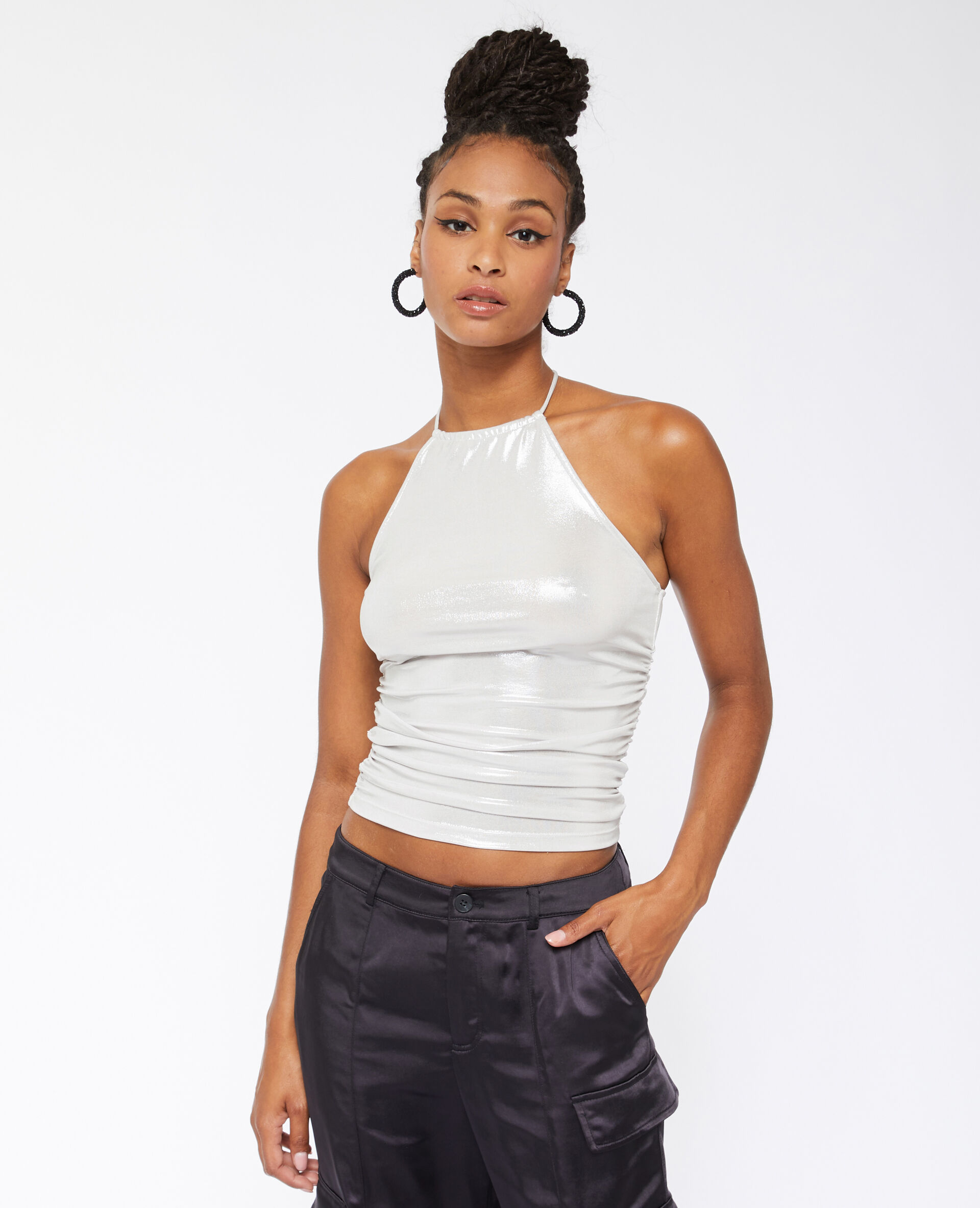 Top dos-nu maille brillante - Gris clair