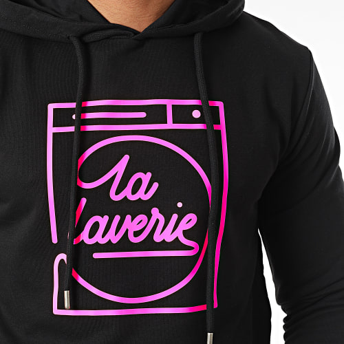 Sweat Capuche La Laverie Noir Rose Fluo