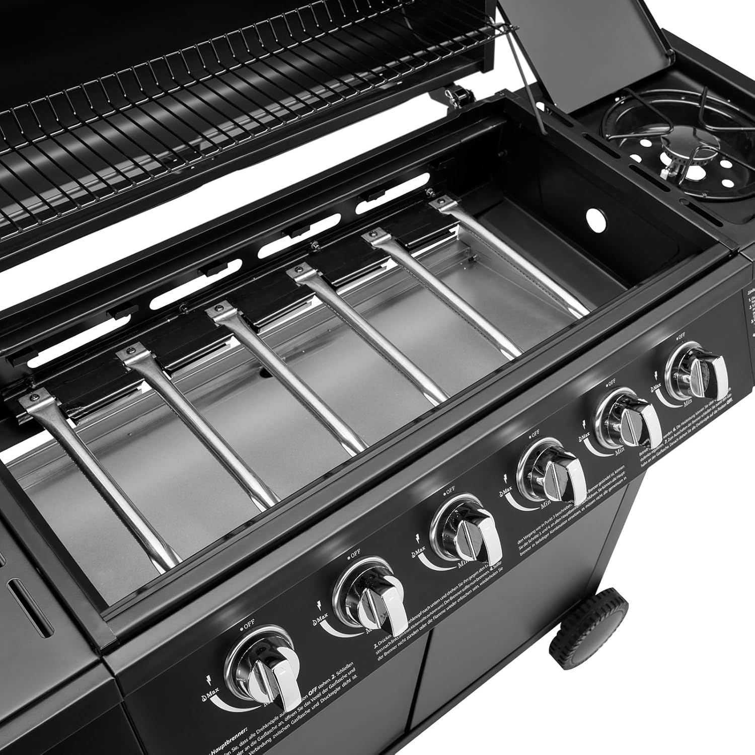 TAINO BASIC BBQ Gasgrill Grillwagen Edelstahl-Brenner + Seitenkocher Grill (Gasgrill BASIC 6+1 Set)