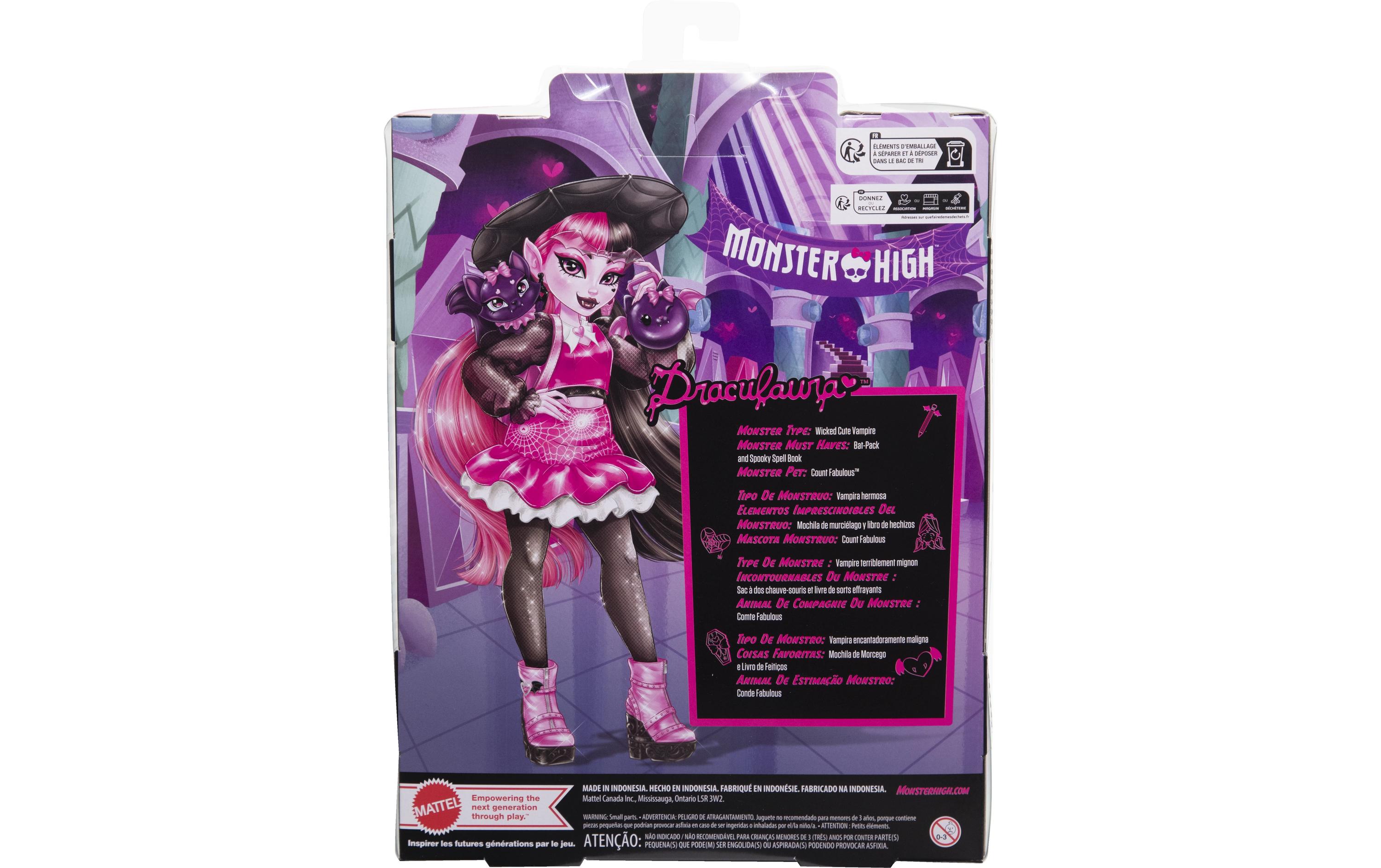 Puppe Monster High DraculauraBezaubernde Vampirin von Kopf bis Fuss in Pink und Schwarz gekleidet