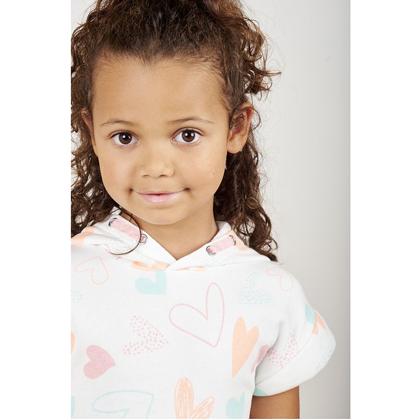Robe manches courtes à capuche imprimé cœurs pour fille - Ecru